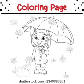 Thanksgiving coloring page. little girl with autumn leaves coloring book