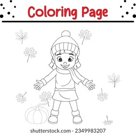 Thanksgiving coloring page. little girl with autumn leaves coloring book