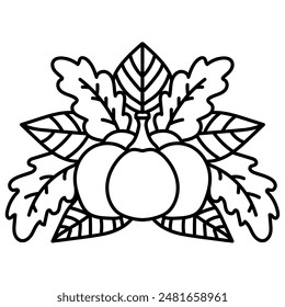 Thanksgiving coloring page, outline pumpkin and various leaves for holiday activity vector illustration