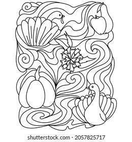 Thanksgiving coloring page, two turkeys, pumpkin and chrysanthemums with ornate patterns vector illustration