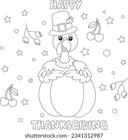 Thanksgiving Coloring Pages for kids drawing. Turkey coloring page. Black and white vector illustration