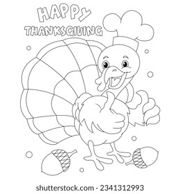 Thanksgiving Coloring Pages for kids drawing. Turkey coloring page. Black and white vector illustration