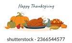 Thanksgiving concept. Roasted turkey with vegetables and pumpkin pie. Thanksgiving dinner.	