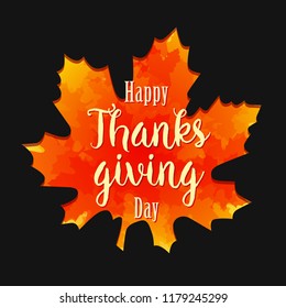 Thanksgiving congrats design. Abstract isolated graphic template. Bright yellow and orange leaves, dark background with shade. Traditional seasonal decorative trendy 3d sign with calligraphic elements