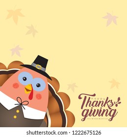 Thanksgiving copy space or message template design. Cute cartoon turkey with thanksgiving lettering. Autumn illustration.