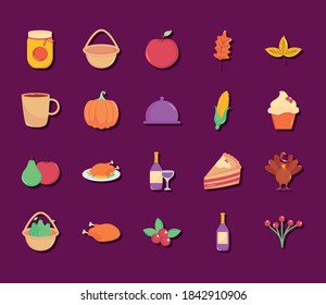 thanksgiving and corn icon set over purple background, flat style, vector illustration