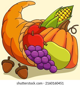 Thanksgiving Cornucopia Colored Cartoon Illustration