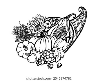 Thanksgiving Füllhorn Umriss mit Gemüse und Obst, Ernte und Reichtum Symbol, Vektorgrafik, Skizze Stil Zeichnung