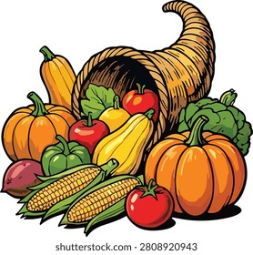 Thanksgiving cornucopia horn of plenty overflowing with autumn harvest vegetables