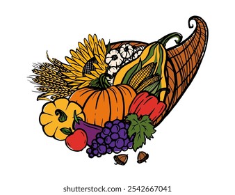 Thanksgiving Füllhorn mit Gemüse und Obst, Vektorgrafik, Ernte und Reichtum Symbol, Skizze Stil Zeichnung