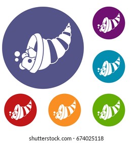 Thanksgiving cornucopia icons set in flat circle reb, blue and green color for web
