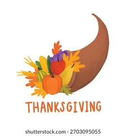 Thanksgiving cornucopia illustration with fruits, vegetables, and autumn leaves. Vibrant Thanksgiving with cornucopia, perfect for holiday themes and festive decor. Thanksgiving illustration vector.