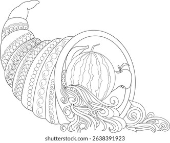 Thanksgiving Cornucopia Line Art for Coloring, Black and white outline drawing of a cornucopia filled with harvest bounty, including a watermelon, apple, and pear. The cornucopia is decorated with