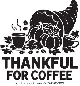 Thanksgiving Cornucopia Silhouette Spilling Coffee Cups and Pumpkins for Modern Decor Art