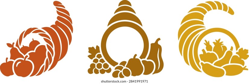 Thanksgiving cornucopia solid vector icon set. Horn of plenty and harvest silhouettes.