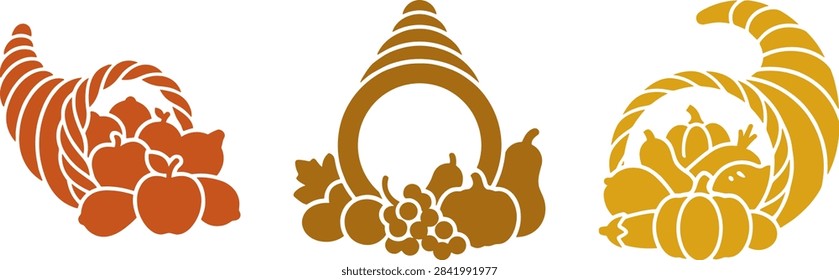 Thanksgiving cornucopia solid vector icon set. Horn of plenty and harvest silhouettes.