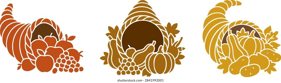 Thanksgiving cornucopia solid vector icon set. Horn of plenty and harvest silhouettes.