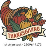 Thanksgiving cornucopia vector illustration with pumpkins, gourds, corn, and a festive banner. Traditional horn of plenty clipart.