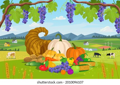 Thanksgiving with cornucopia, vine the background of the village. Pumpkins, watermelon, squash, apples, pears, peppers, tomatoes. Vector illustration in cartoon style.