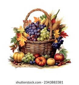 Thanksgiving cornucopia watercolor. Poster, banner, greeting card. Vector illustration. Holiday greeting card collection. Food illustration.