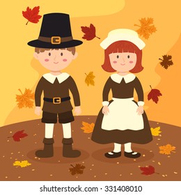 Thanksgiving Couple. Illustration of thanksgiving greeting card with a boy and a girl with costume in autumn background.