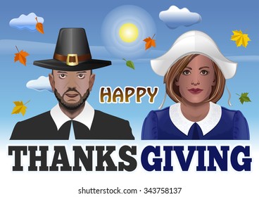 Thanksgiving Couple.  Vector illustration for Thanksgiving with a man and a woman dressed as pilgrims against the sky and the falling of autumn leaves.