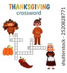 Thanksgiving crossword puzzle game with turkey, pilgrim, indian, pumpkin and cornucopia. Printable worksheet with solution for school and preschool. Vector cartoon Illustration for children.