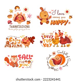 Thanksgiving ,Cute autumn cartoon vector illustrations isolated on white background. fall quote ,Cartoon suitable for, print, sublimation, shirt, postcard, printable, stationery ,kids ,etc.