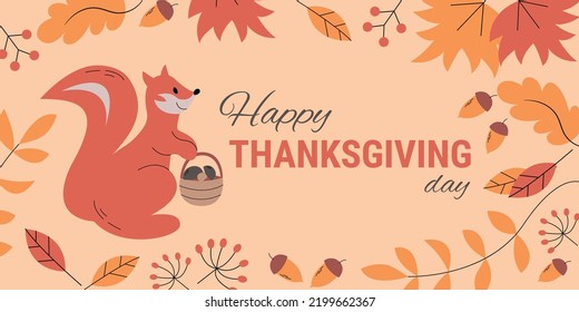Thanksgiving cute cartoon poster. Vector autumn banner with smiling squirrel, bright falling leaves. Greeting card for the fall season, holidays.