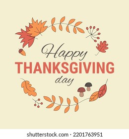 Thanksgiving cute cartoon poster. Vector autumn banner with yellow and red bright falling leaves. Greeting card for the fall season, holidays.