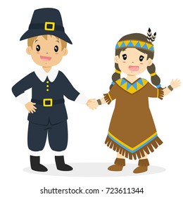 Thanksgiving cute and happy Pilgrim boy and Native American girl holding hands, character cartoon vector.