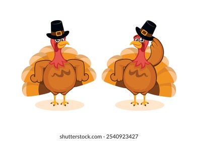 Thanksgiving cute turkey bird with pilgrim hat vector illustration. Turkey bird wearing a pilgrim hat icon set isolated on a white background. Funny thanksgiving turkey birds cartoon character