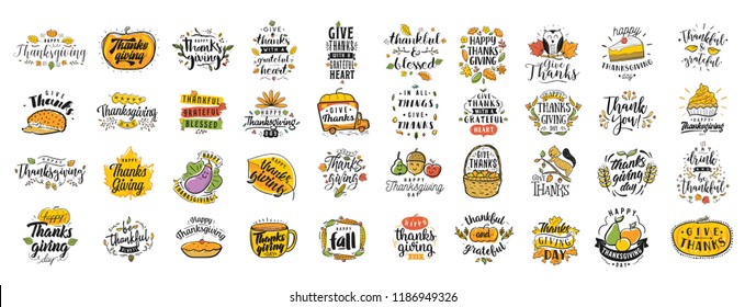 Thanksgiving day. 40 in 1. Logo, text design. Typography for greeting cards and posters. Give thanks.