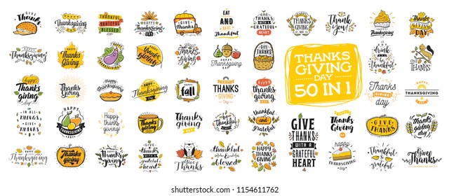 Thanksgiving day. 50 in 1. Logo, text design. Typography for greeting cards and posters. Give thanks.