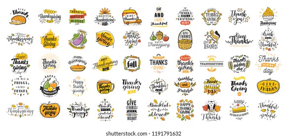 Thanksgiving day. 50 in 1. Logo, text design. Typography for greeting cards and posters. Give thanks.