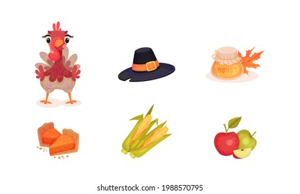 Thanksgiving Day Attributes with Pumpkin Pie and Turkey Vector Set