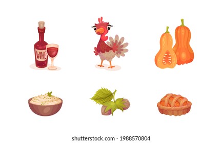 Thanksgiving Day Attributes with Pumpkin Pie and Turkey Vector Set