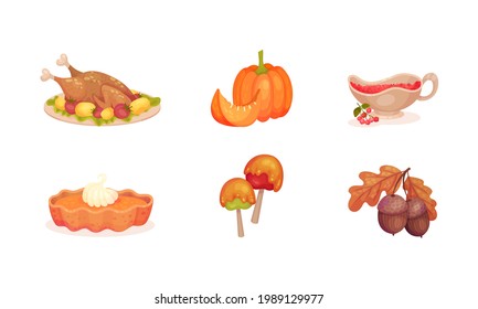 Thanksgiving Day Attributes with Pumpkin Pie and Roasted Turkey Vector Set