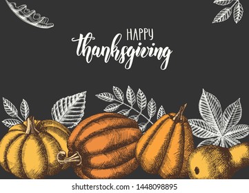 Thanksgiving day Autumn background with leaves and pumpkins and lettering calligraphy phrase on black