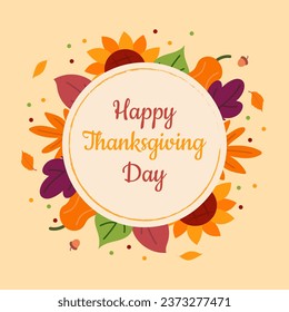 Thanksgiving day. Autumn background with leaves and frame. Colorful banner, post, greeting card or invitation with fall elements and text.