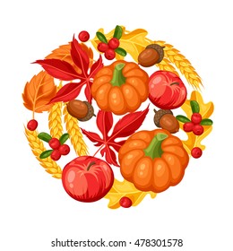 Thanksgiving Day or autumn frame. Decorative element with vegetables and leaves.