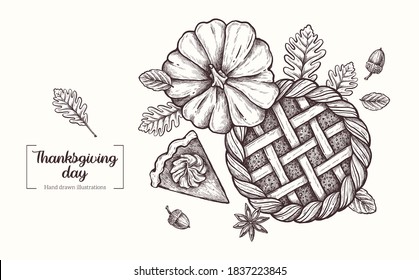 Thanksgiving Day. Autumn harvest, pumpkin, pumpkin pie, acorn, autumn leaves. Vector Hand Drawn. Line art. Sketch Illustration. 