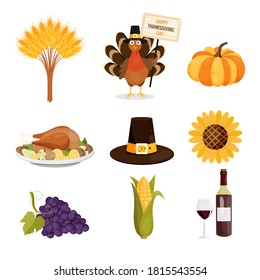 Thanksgiving day and autumn icons set. Wine, wheat, turkey, pumpkin, sunflower, corn, grapes, pilgrim hat