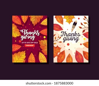 thanksgiving day with autumn leaves in ecommerce banners design, season theme Vector illustration