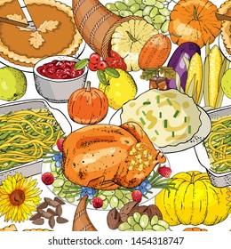 Thanksgiving  Day autumn seamless pattern with traditional dishes and symbols -  chicken, mashed potatoes, roasted potatoes, casserole, turkey, pumpkin pie, cornucopia, fruits, berryes, and leaves. 