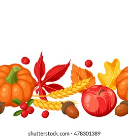 Thanksgiving Day or autumn seamless pattern. Ornament with vegetables and leaves.