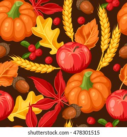 Thanksgiving Day or autumn seamless pattern. Ornament with vegetables and leaves.