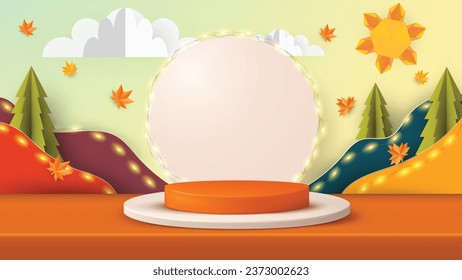 thanksgiving day background with autumn leaves and wooden table with podium for your products.