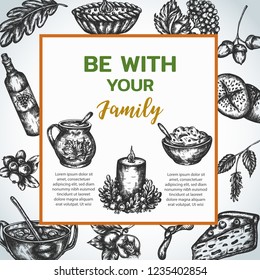 Thanksgiving day Background collection of hand drawn illustration with autumn elements, food Vintage retro style
