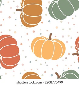 Thanksgiving day background. Halloween party kitchen linen decor with squash and confetti. Vector cartoon illustration, hello autumn. Seamless pattern with cozy orange and green pumpkins, Hygge time